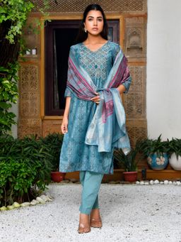 Vaasva Jaipur - Women Blue Chanderi Printed Kurta with Pant and Printed Dupatta (Set of 3)