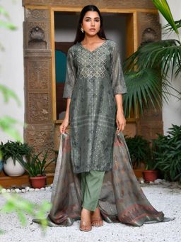 Vaasva Jaipur - Women Olive Chanderi Printed Kurta with Pant and Printed Dupatta (Set of 3)