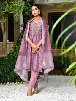 Vaasva Jaipur - Women Purple Chanderi Printed Kurta with Pant and Printed Dupatta (Set of 3)