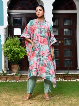 Vaasva Jaipur - Women Aqua Muslin Viscose Floral Printed Kaftan Kurta and Pant (Set of 2)