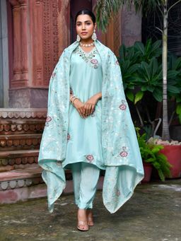 Vaasva Jaipur - Women Sky Blue Tissue Silk Embroidered Kurta with Pant and Dupatta (Set of 3)