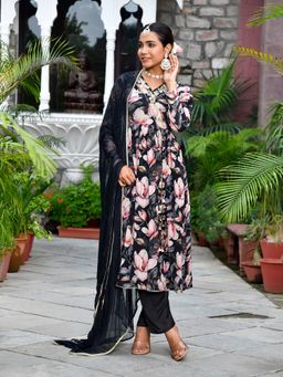 Vaasva Jaipur - Black Chinon Floral Printed Angrakha Kurta with Pant and Dupatta (Set of 3)