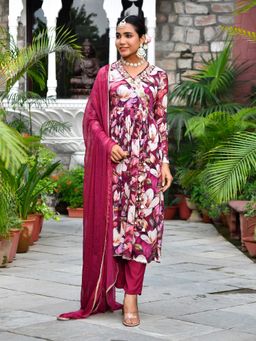 Vaasva Jaipur - Maroon Chinon Floral Printed Angrakha Kurta with Pant and Dupatta (Set of 3)