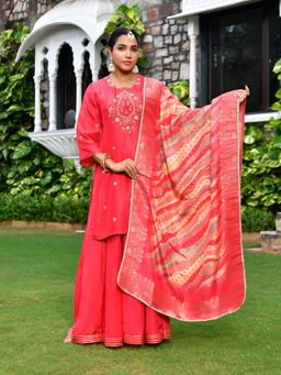 Vaasva Jaipur - Red Silk Embroidered Kurta with Sharara and Dupatta (Set of 3)