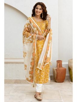 Nehamta - Women Mustard Modal Chanderi Kurta with Pant and Dupatta (Set of 3)
