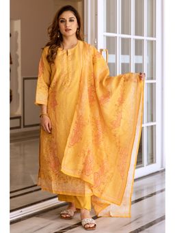Nehamta - Women Mustard Modal Printed Kurta with Pant and Dupatta (Set of 3)