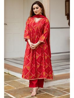 Nehamta - Women Red Modal Muslin Anarkali Kurta with Pant and Dupatta (Set of 3)