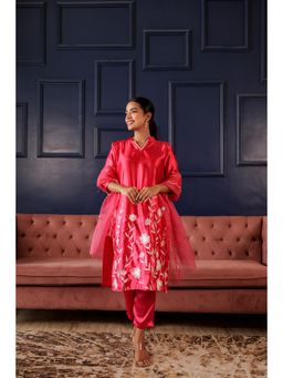 SUTRA CLOTHING - Hot Pink Satin Floral Embroidered Kurta with Pant and Dupatta (Set of 3)