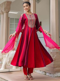 FASHOR - Multi-Color Zari Embroidered Anarkali Kurta with Pant and Dupatta (Set of 3)
