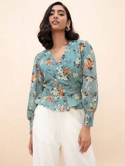Twenty Dresses by Nykaa Fashion - Green Floral Print V Neck Wrap Top