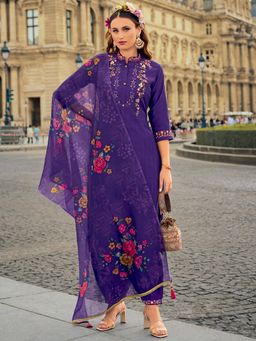 MOJILAA - Purple Floral Embroidered Kurta and Afghani Salwar with Dupatta (Set of 3)