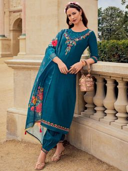 MOJILAA - Teal Blue Floral Embroidered Kurta and Afghani Salwar with Dupatta (Set of 3)
