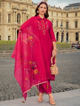 MOJILAA - Fuchsia Floral Embroidered Kurta and Afghani Salwar with Dupatta (Set of 3)