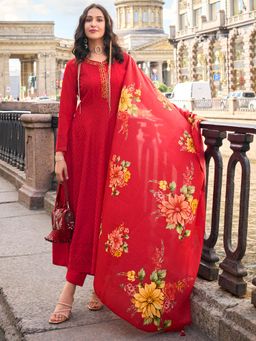 MOJILAA - Red Chikankari Embroidered Anarkali Kurta and Pant with Dupatta (Set of 3)