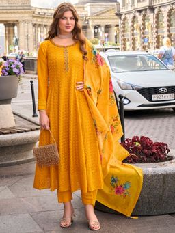 MOJILAA - Mustard Chikankari Embroidered Anarkali Kurta and Pant with Dupatta (Set of 3)
