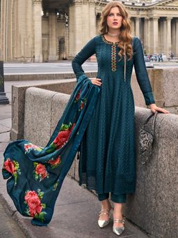 MOJILAA - Teal Blue Chikankari Embroidered Anarkali Kurta and Pant with Dupatta (Set of 3)
