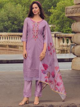 MOJILAA - Lavender Chikankari Floral Embroidered Kurta and Pant with Dupatta (Set of 3)