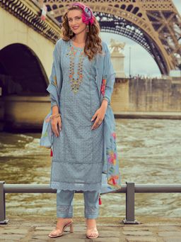 MOJILAA - Blue Chanderi Floral Embroidered Kurta and Pant with Dupatta (Set of 3)
