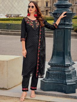MOJILAA - Black Embroidered Woven Kurta and Pant with Dupatta (Set of 3)