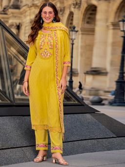 MOJILAA - Mustard Embroidered Woven Kurta and Pant with Dupatta (Set of 3)