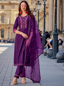 MOJILAA - Purple Embroidered Woven Kurta and Pant with Dupatta (Set of 3)