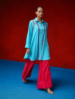 LAALZARI - Blue Full Sleeves Collar Neck Solid Kurta With Palazzo