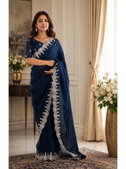 Elora - Navy Blue Chiffon Embroidered Embroidered Saree With Unstitched Blouse