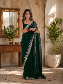 Elora - Green Chiffon Embroidered Embroidered Saree With Unstitched Blouse