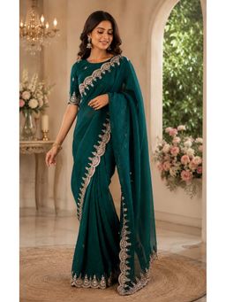 Elora - Teal Chiffon Embroidered Embroidered Saree With Unstitched Blouse