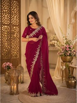 Elora - Maroon Chiffon Embroidered Embroidered Saree With Unstitched Blouse