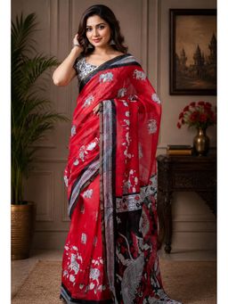 Elora - Red Chanderi Printed Ready To Wear Pre-Draped Saree With Unstitched Blouse