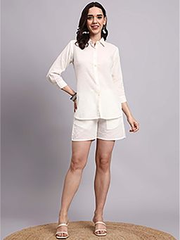 Aayusika - White Cotton Blend Three Fourth Sleeves Collar Neck Stripes Co-ord Set