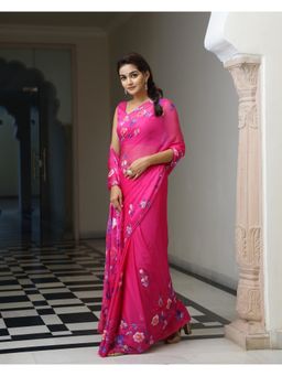 Mayurie - Violets Handpainted Chiffon Saree with Unstitched Blouse