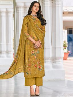 Stylee LIFESTYLE - Mustard Yellow Muslin Embroidered Dress Material (Set of 3)