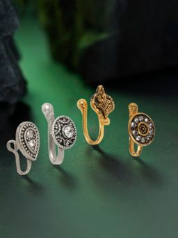 OOMPH - Combo of 4 Antique Gold & Oxidised Stones & Pearls Ethnic Nose Ring