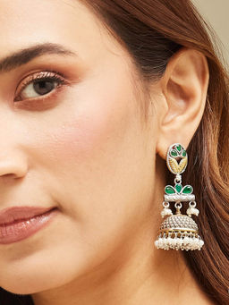 Fabindia - Green with White Pearls Metal Jhumka Earrings