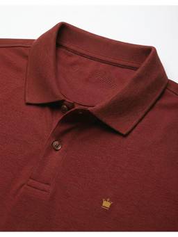 Louis Philippe - Men's Maroon Solid Mercirised Polo T-shirt with Contrast Branding