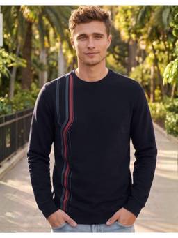 Louis Philippe - Men Navy Blue Stripes Cotton Blend Sweatshirt