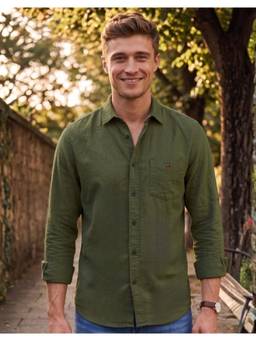 Louis Philippe - Men Olive Solid Full Sleeves Shirt