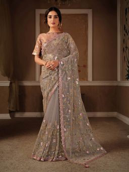 Odette - Greyish Pink Net Designer Saree with Unstitched Blouse