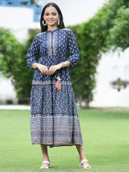 Juniper - Indigo Ethnic Motif Printed Pure Cotton Tiered Maxi Dress.