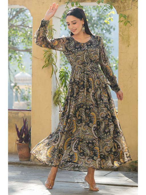 Buy Juniper Black Paisley Printed Chiffon Flared Maxi Dress with Buttons Online