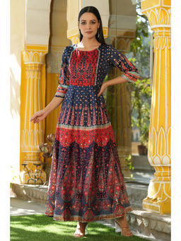 Juniper - Women Navy Blue Dull Satin Printed Anarkali Dress