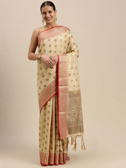 Sangam Prints - Cream Banarasi Silk Zari Work Tassle Saree with Unstitched Blouse with Unstitched