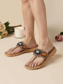 KNEETOES - Womens Bold Gem-Studded Beige T-Strap Sandals