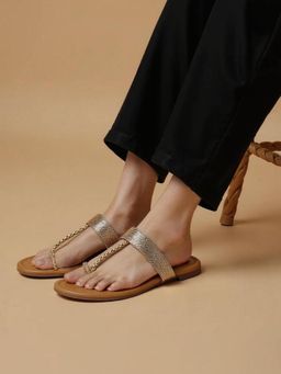 KNEETOES - Womens Sparkly Gold Braid One-Toe Flats