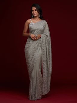 Koskii - Grey Stonework Georgette Saree with Unstitched Blouse