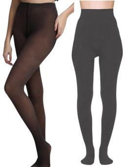 Secrets By ZeroKaata - Women Pack of 2 Dual-Tone Fleece Winter Fur Pantyhose Stockings Multi-Color