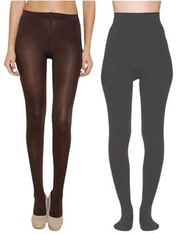 Secrets By ZeroKaata - Women Pack Of 2 Dual-Tone Fleece Winter Fur Pantyhose Stockings Multi-Color