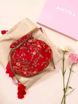 AMYRA - Floral Creeper Red Potli Bag